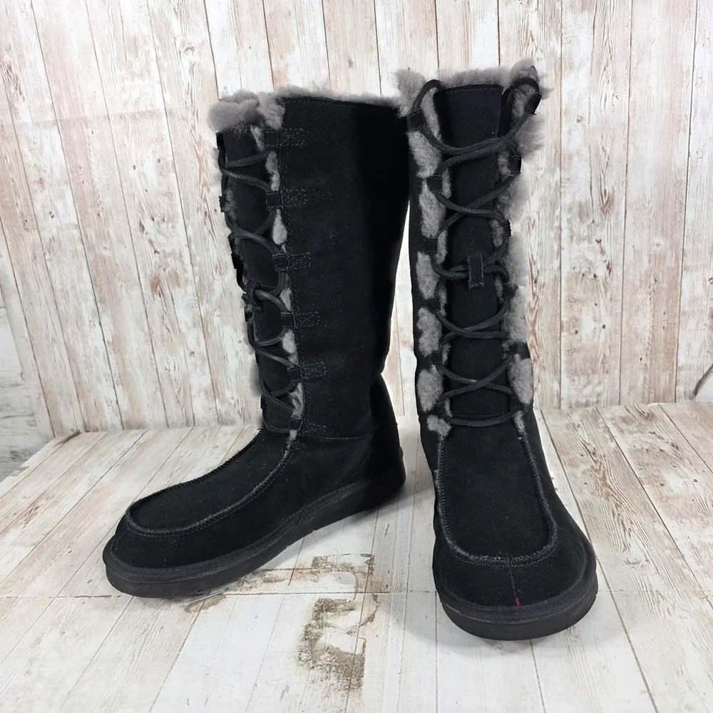 UGG Australia Sundance II Black Suede Sheepskin Lace Up Tall Boots 5230 Womens 8